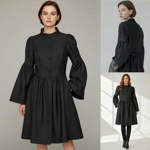 OLEG CASSINI Cardigan Buttoned Trench Coat Dress  High Neck Bell Sleeve Pockets